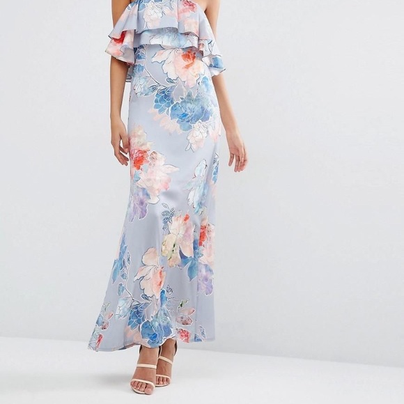 ASOS Etched Floral Frill Bandeau Maxi Dress - Picture 2 of 6